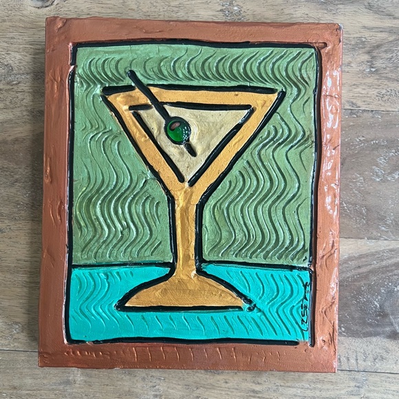 Signed Lynn Reeder Hand Carved and Painted Martini Copper Artwork - Picture 1 of 10